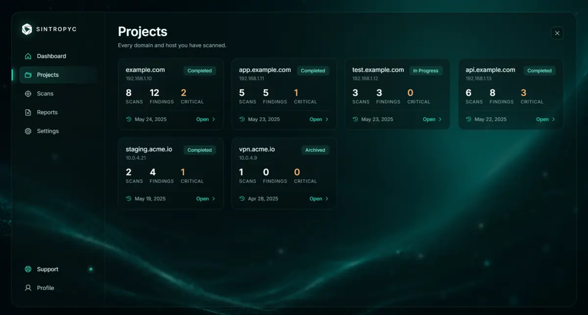 Sintropyc projects — every domain and host scanned